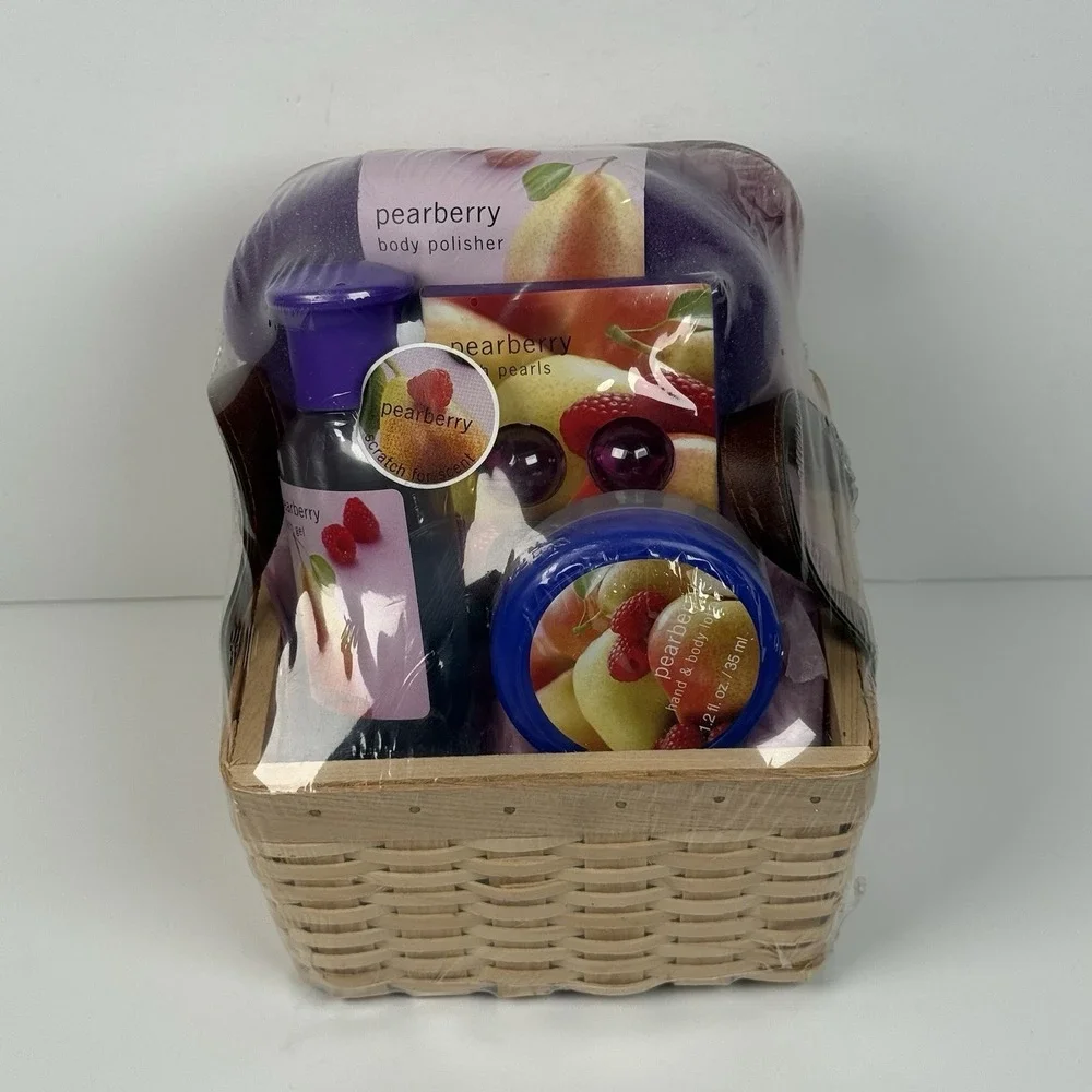 Pearberry Set Fruit In Woven Basket Lotion Bath Shower Gel Pearls Body Polisher